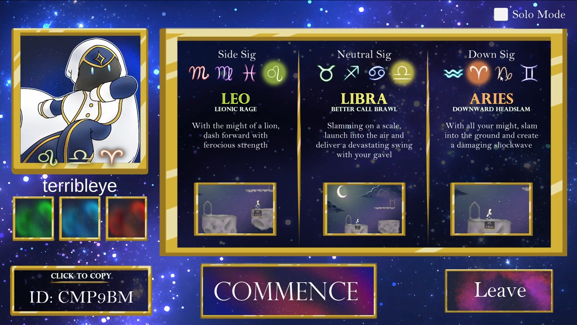 Celestial Clash Character Select Screen